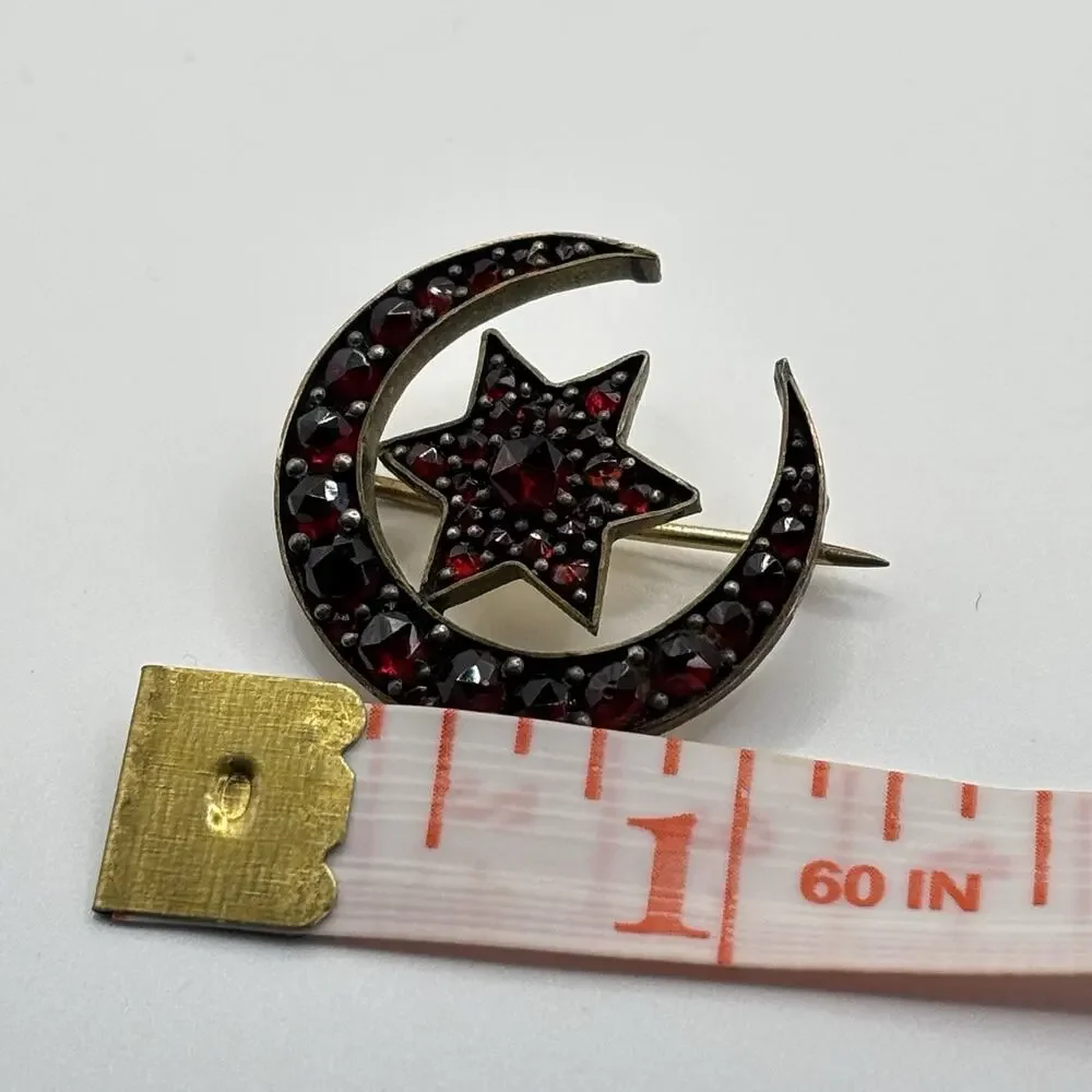 Antique Bohemian Garnet Brooch With Crescent Moon And Star Sun Motif Celestial